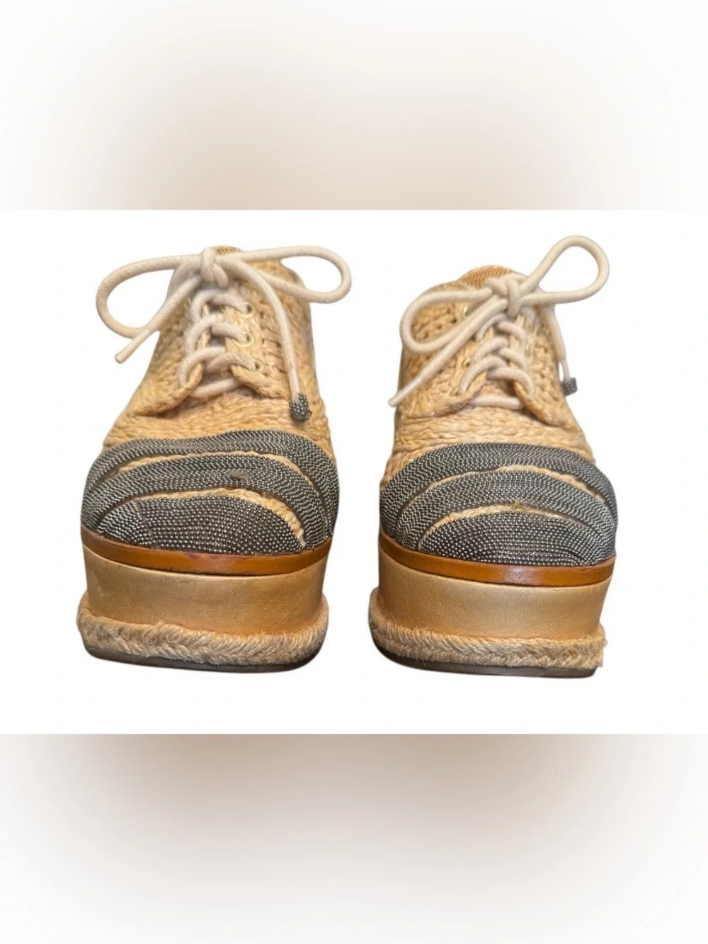 SCHUTZ size 6.5 RARE raffia metal platform lace up espadrilles Oxford shoes